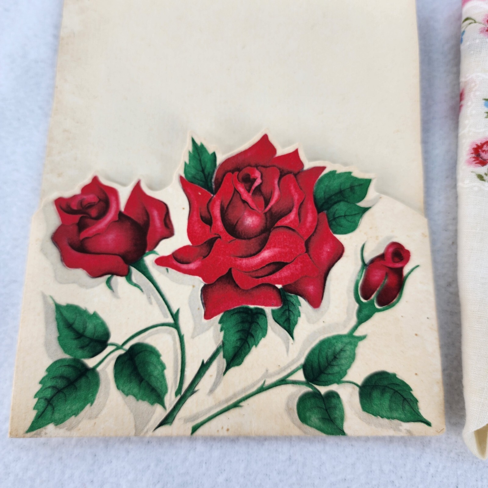 Vintage Handkerchief Red Roses in Original Paper Envelope 11.5” Floral FLAWED
