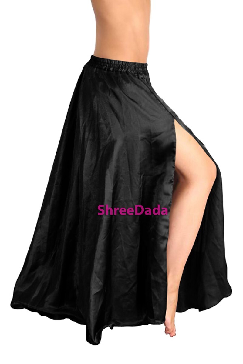 Satin 1 Side Slit Maxi Skirts Women Girl Retro Dress Half Circle Belly Dance Hot