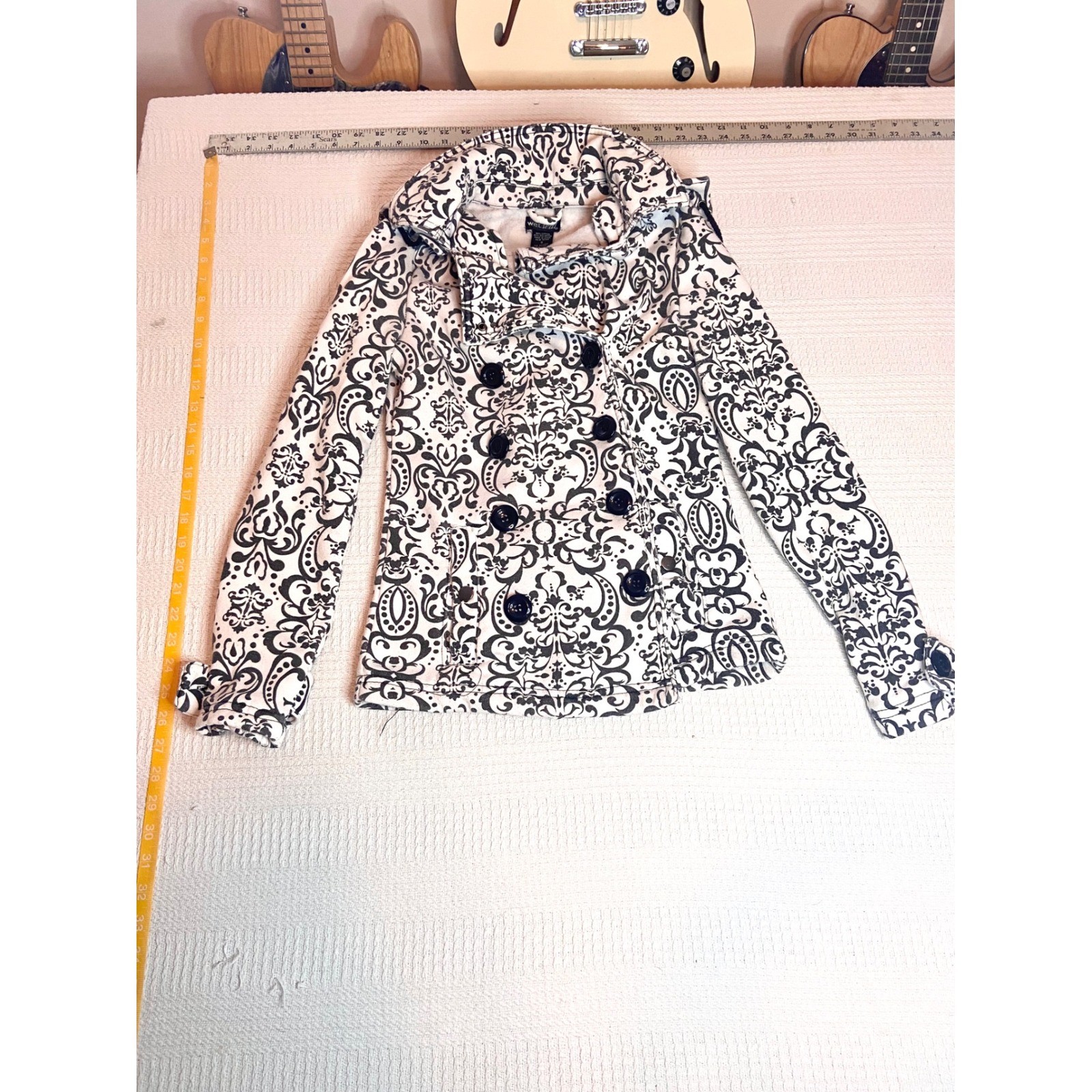 Wet Seal Womens Damask Print Hooded Pea Coat Jacket Black White Fleece Small Y2K