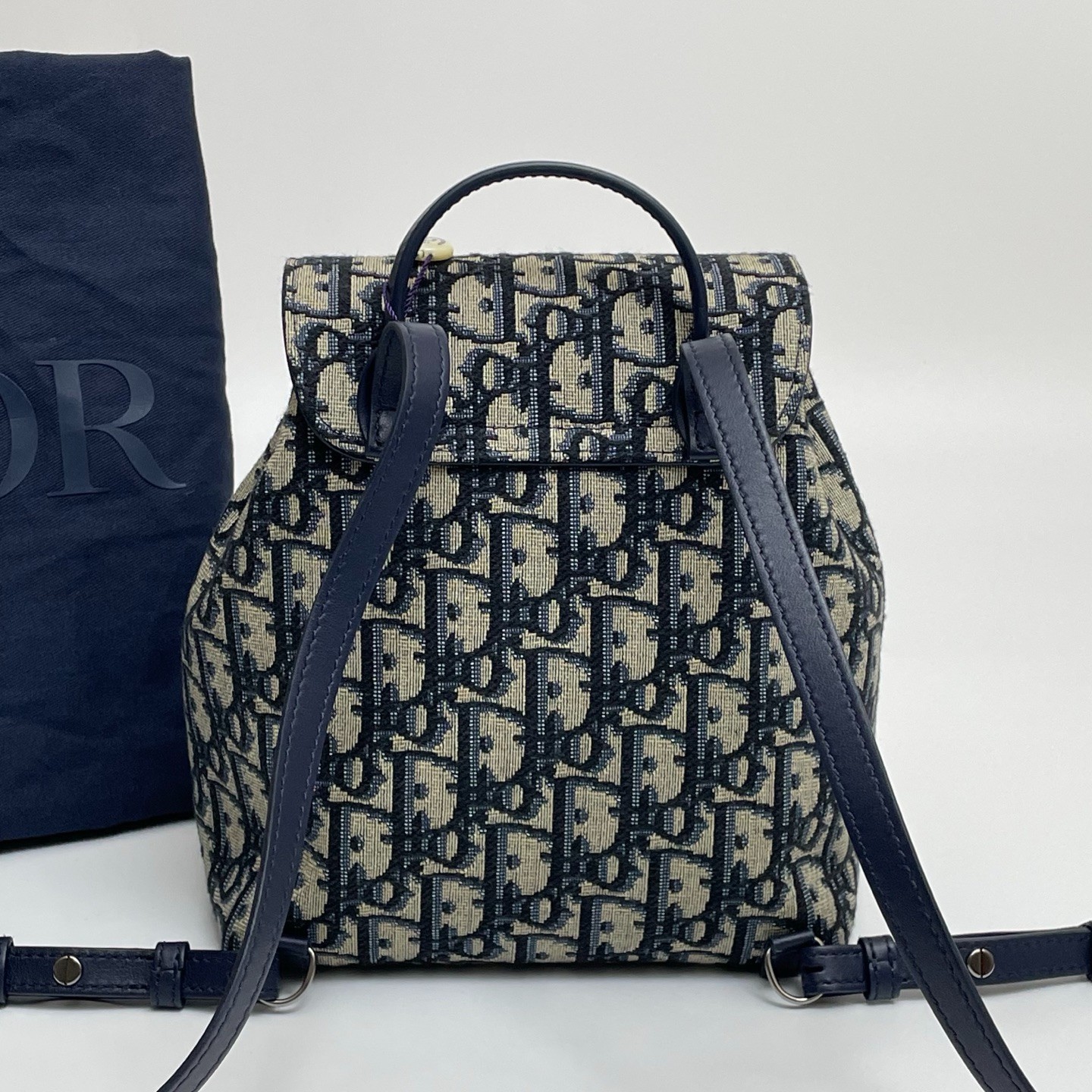 DIOR Mini Backpack Oblique Jacquard Beige and Navy Drawstring Bag