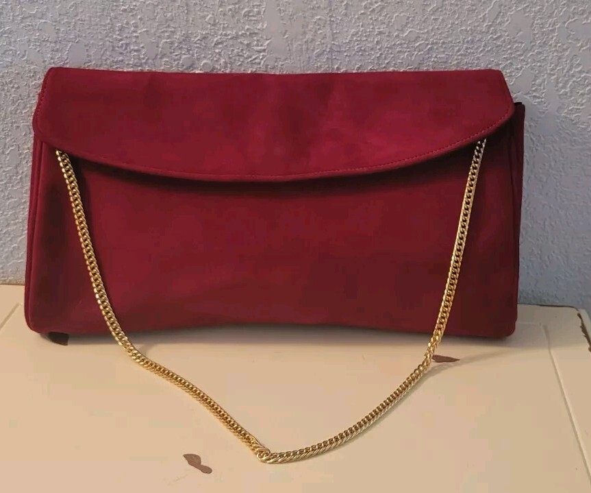 Frenchy of California Burgandy Suede Handbag Gold Chain Approximately 7×11