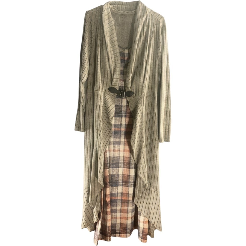 Ribbed Knit Duster Cardigan and Plaid Maxi Dress 2-Piece Set Grey Orange L
