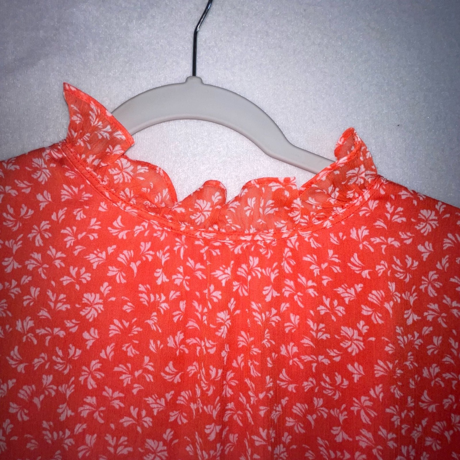 LOFT Orange Floral Ruffle Neck Tie Front Blouse Size M
