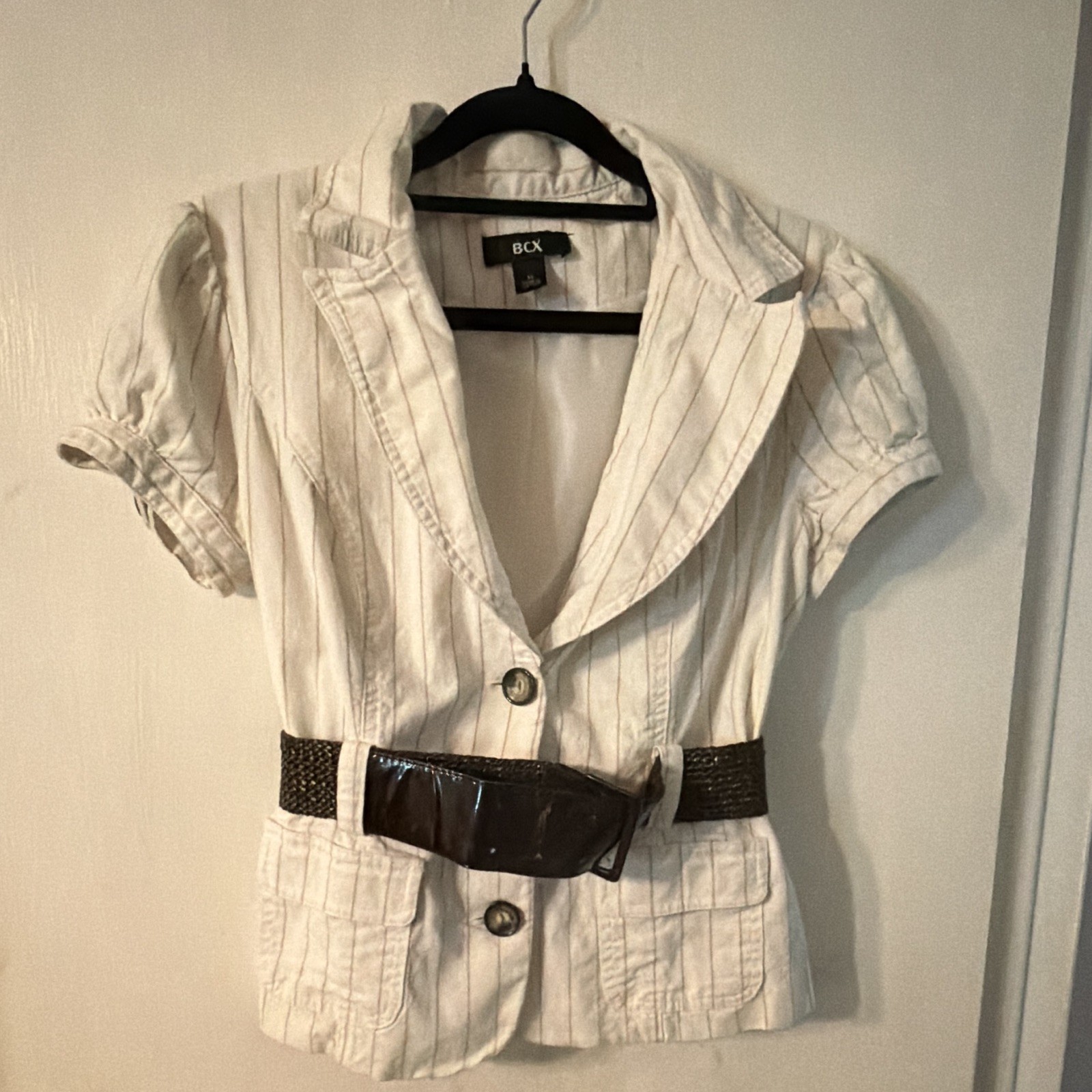 BCX Women’s White Striped Short Sleeve Jacket Button Front Collared Belted