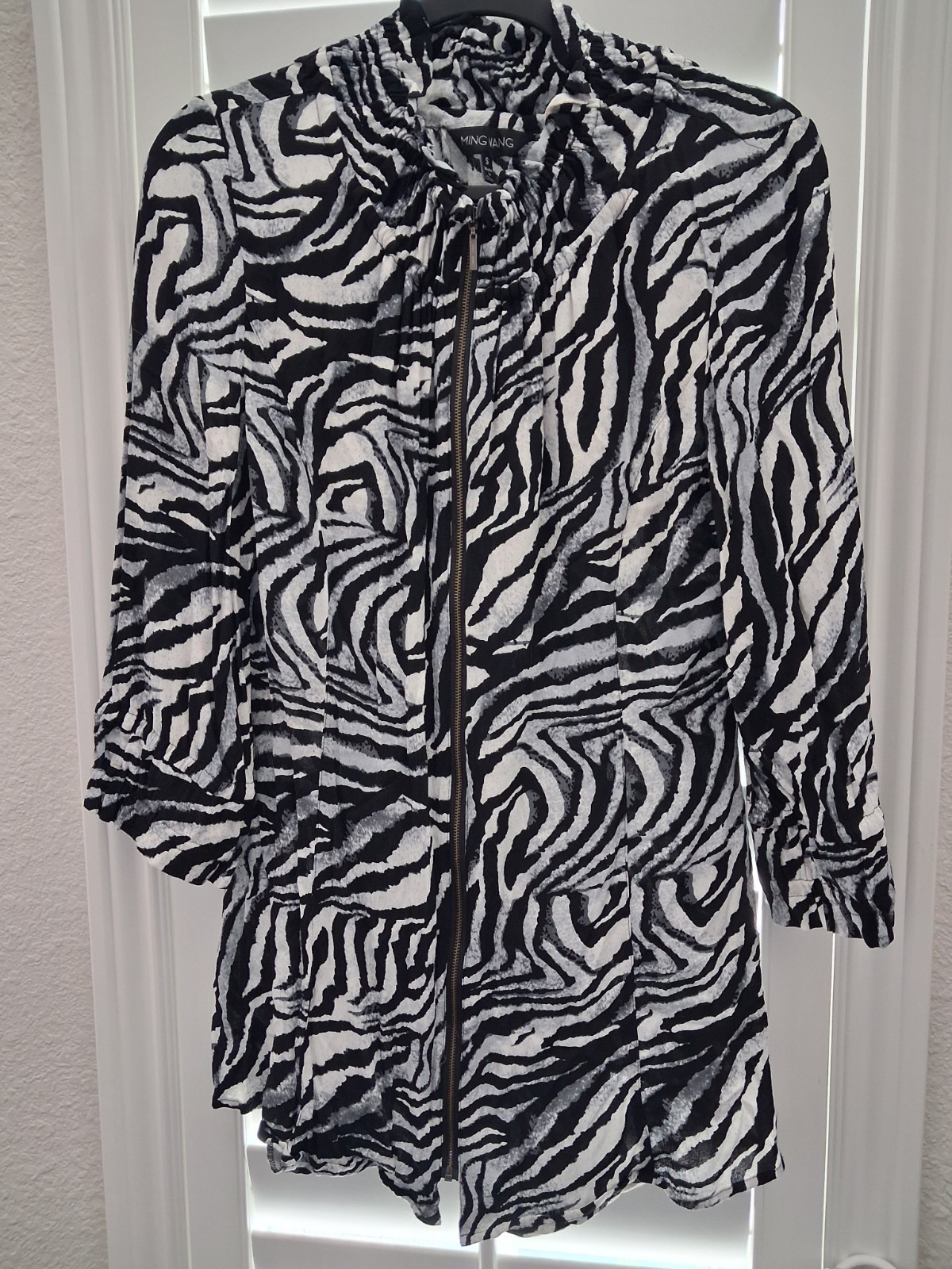 Ming Wang Zebra Top Zip Tunic Jacket Women Ruffle Neck Black White Career Small
