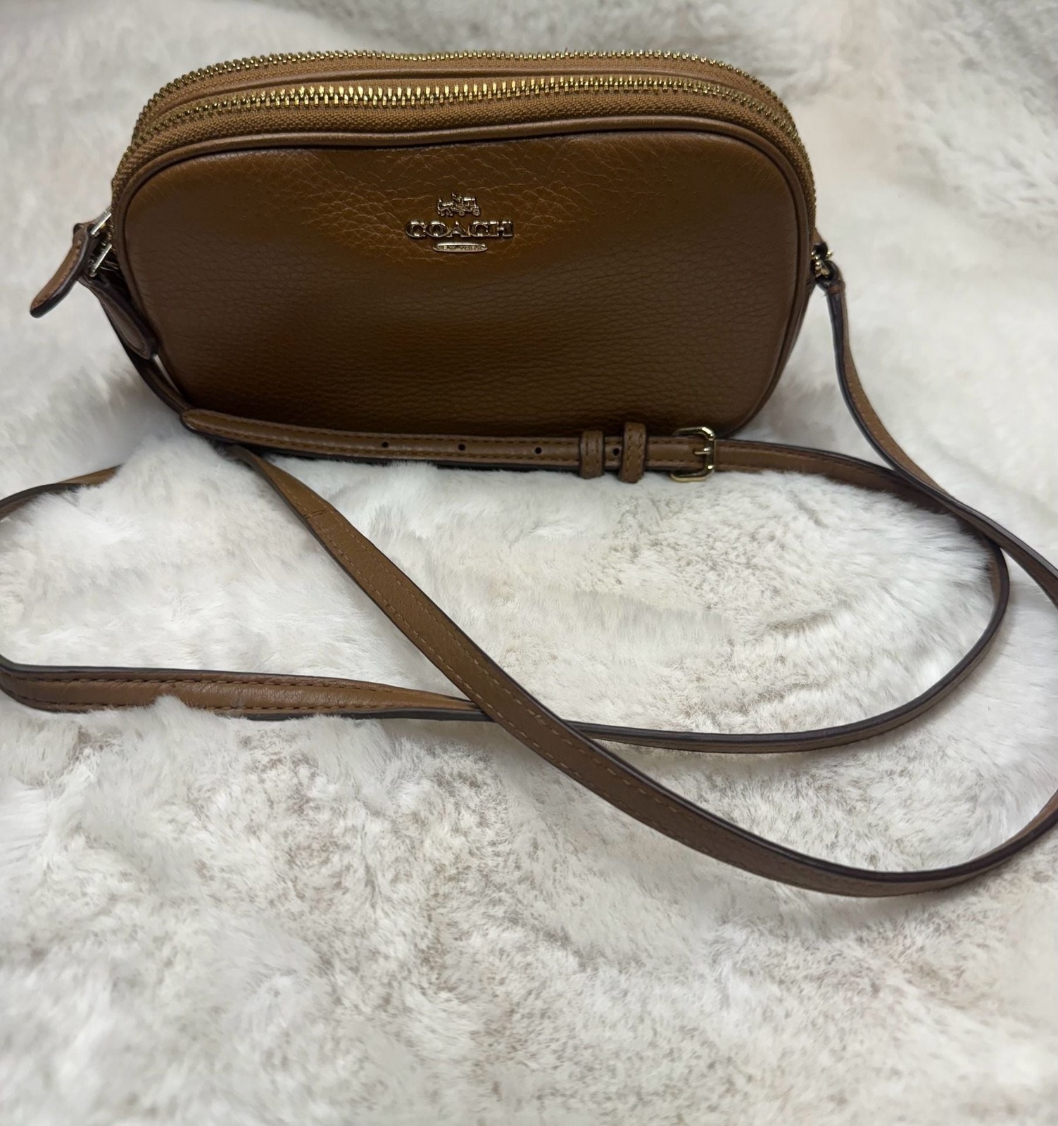 Coach Double Zip Camera Crossbody Bag in Brown Pebbled Leather