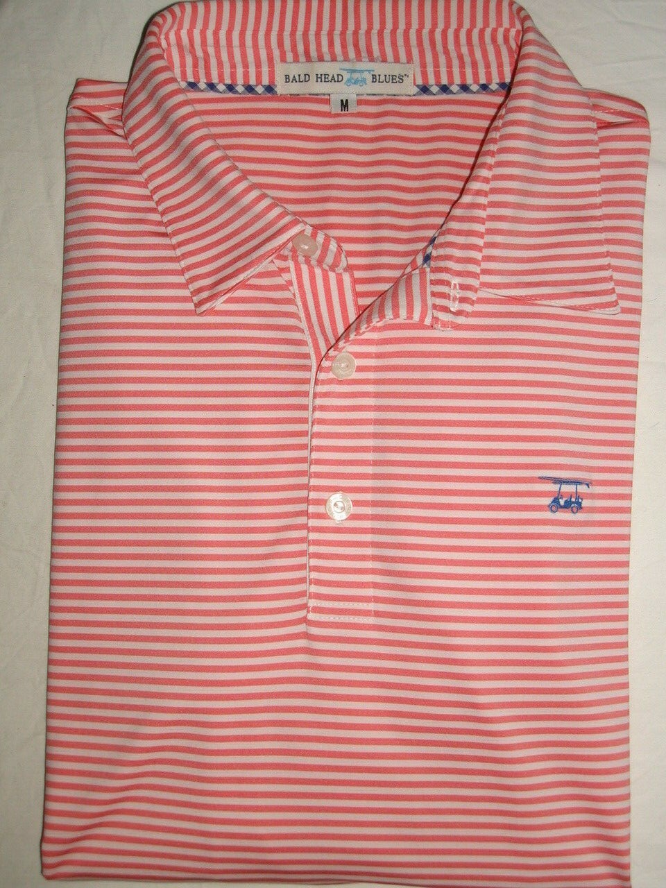 Bald Head Pink Striped Poly/Spandex Blend S/S Polo Shirt Sz M “ArrowHead Ranch”