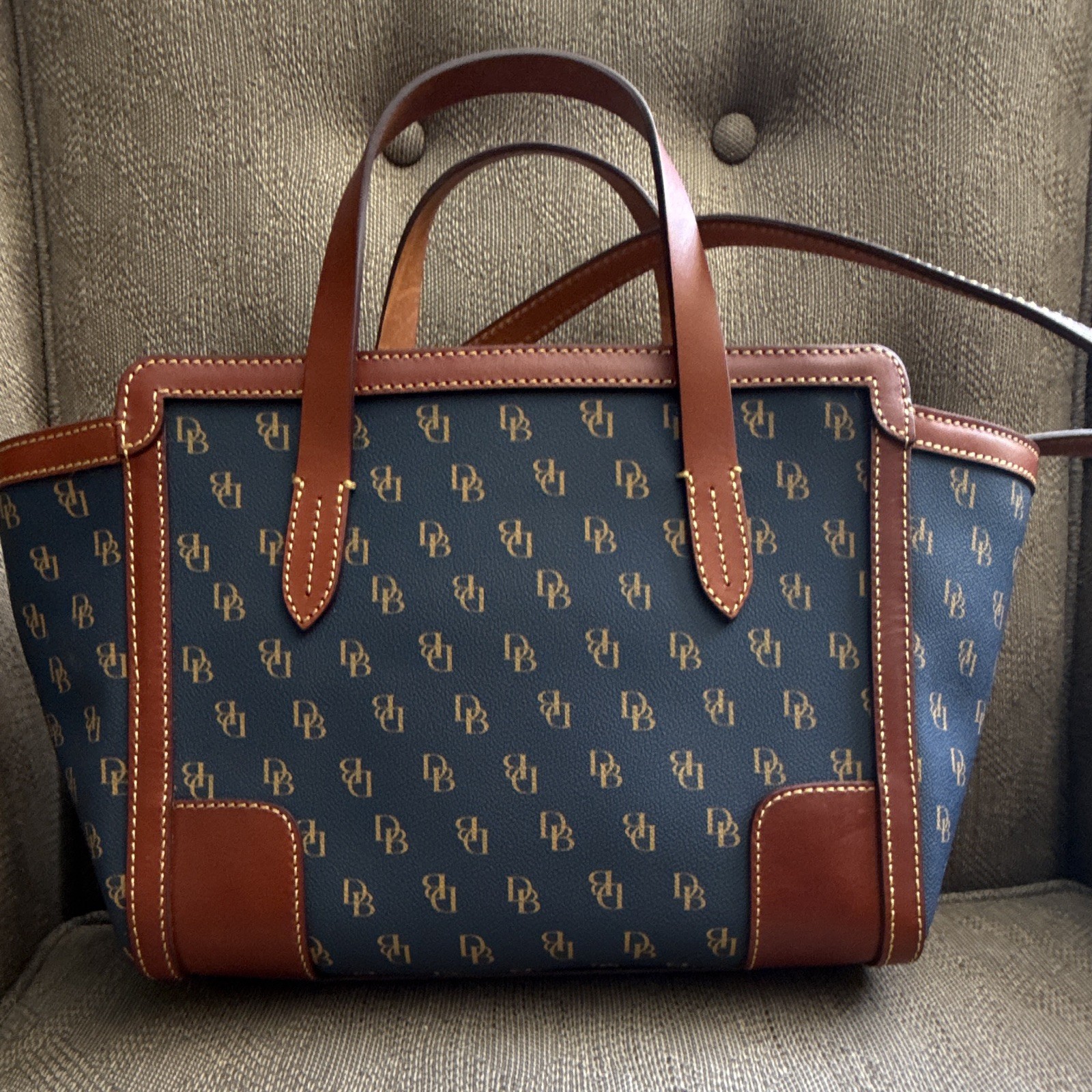 Dooney & Bourke Navy/Brown Monogram Zip Satchel, Strap, Gold Hardware, Pockets