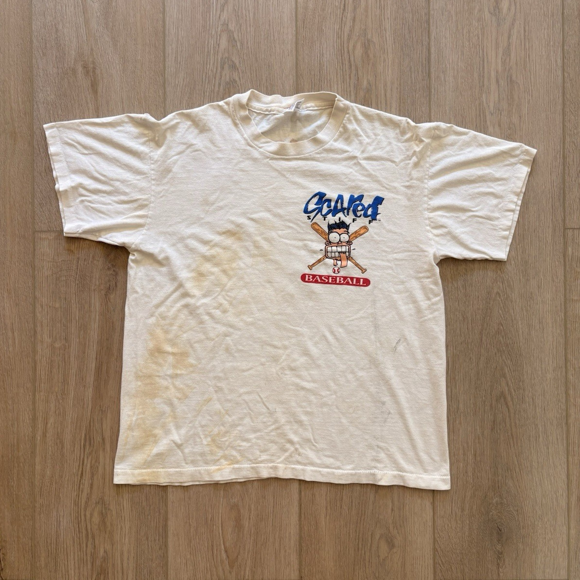Anvil 90s Baseball Vintage cartoon Tee • Men’s L • some yellowing on front