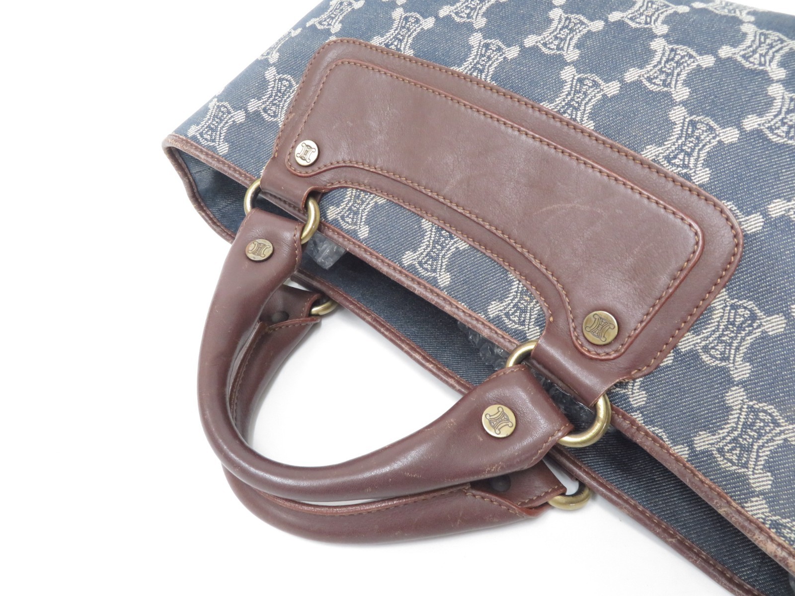 Authentic CELINE Denim Paris Macadam Canvas Leather Boogie Bag Hand Bag I#50347