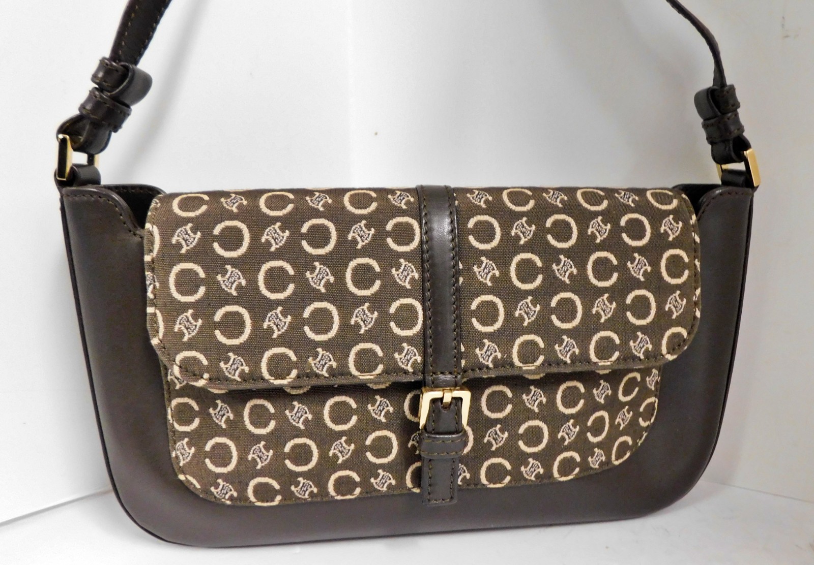 CELINE Paris Macadam Shoulder Bag Hand Bag Brown Logo Fabric Leather Italy