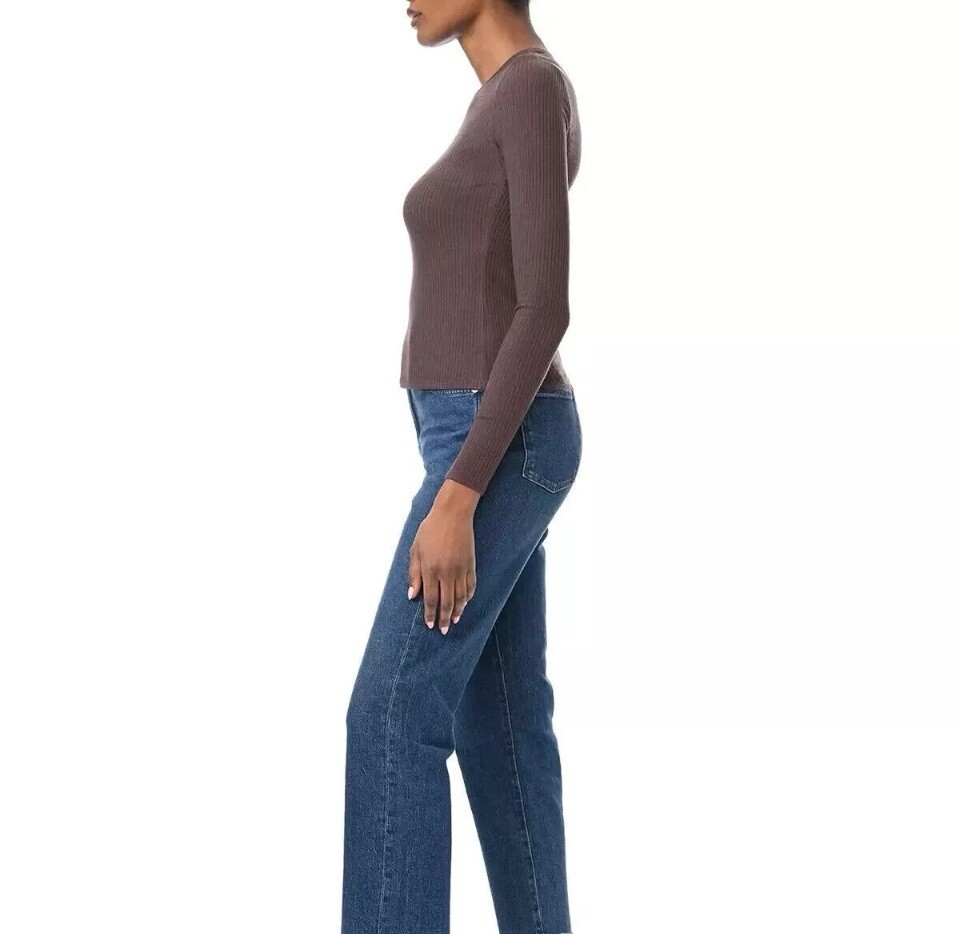 Splendid Womens Rib Classic Long Sleeve Crew Neck Tee, Size Medium, Color Brown.