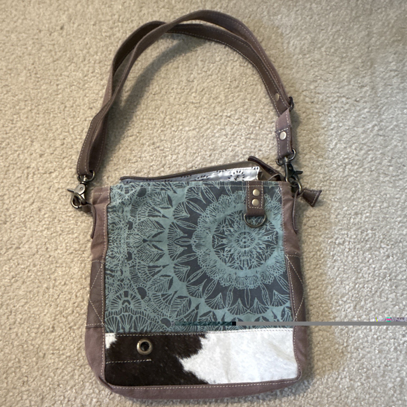 Myra Bag Floral Brown Blue White Shoulder Bag, Zip Closure, Lined, Pockets