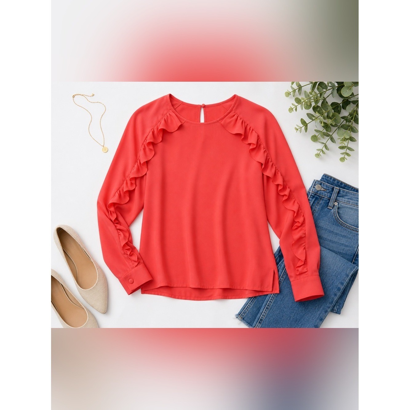 J.Crew 100% Silk Coral Red Blouse Size 2 Ruffle Sleeve Tomato Red Top Workwear