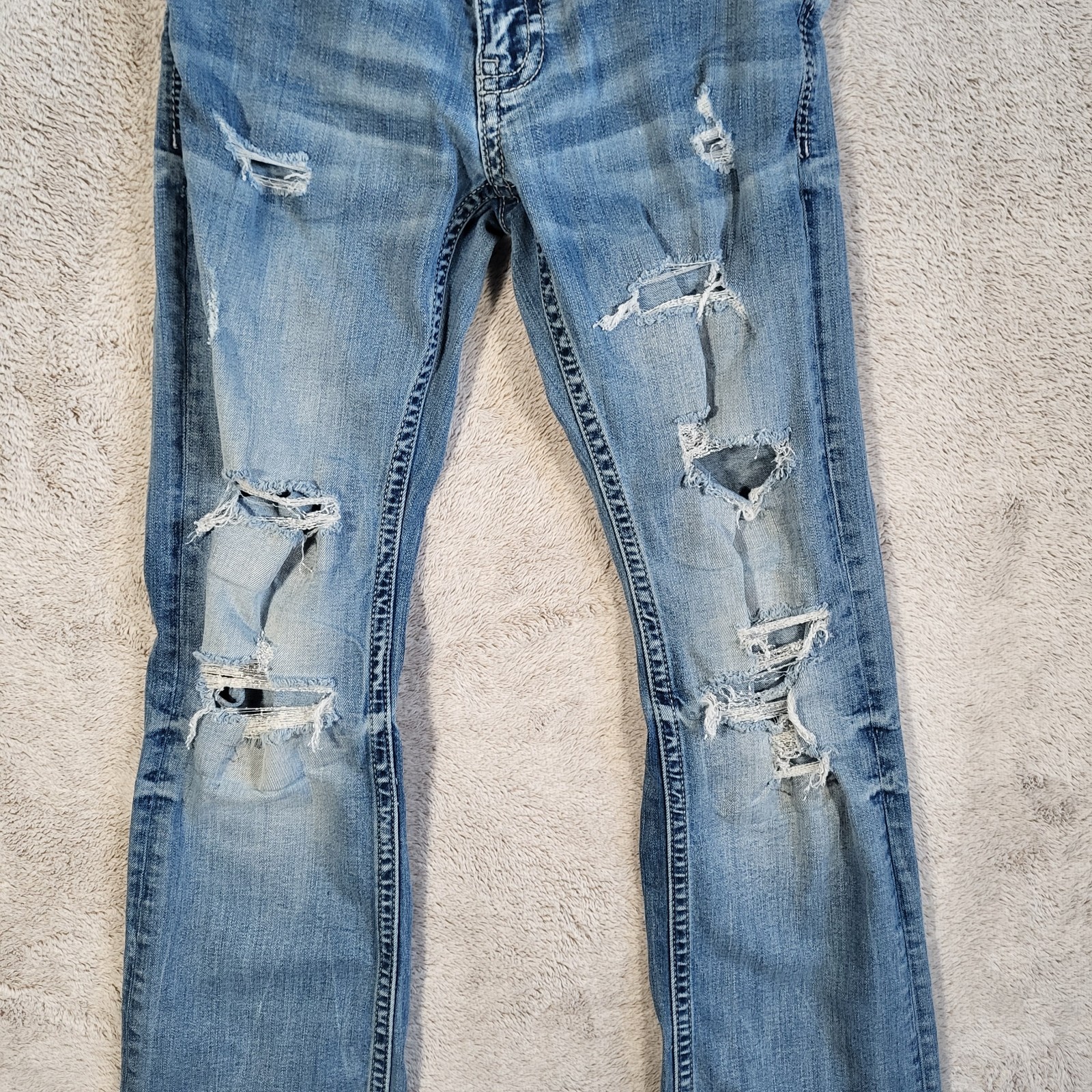 BKE Aiden Slim Fit Bootcut Jeans Men’s 29×34 Blue Light Washed Heavy Distressed