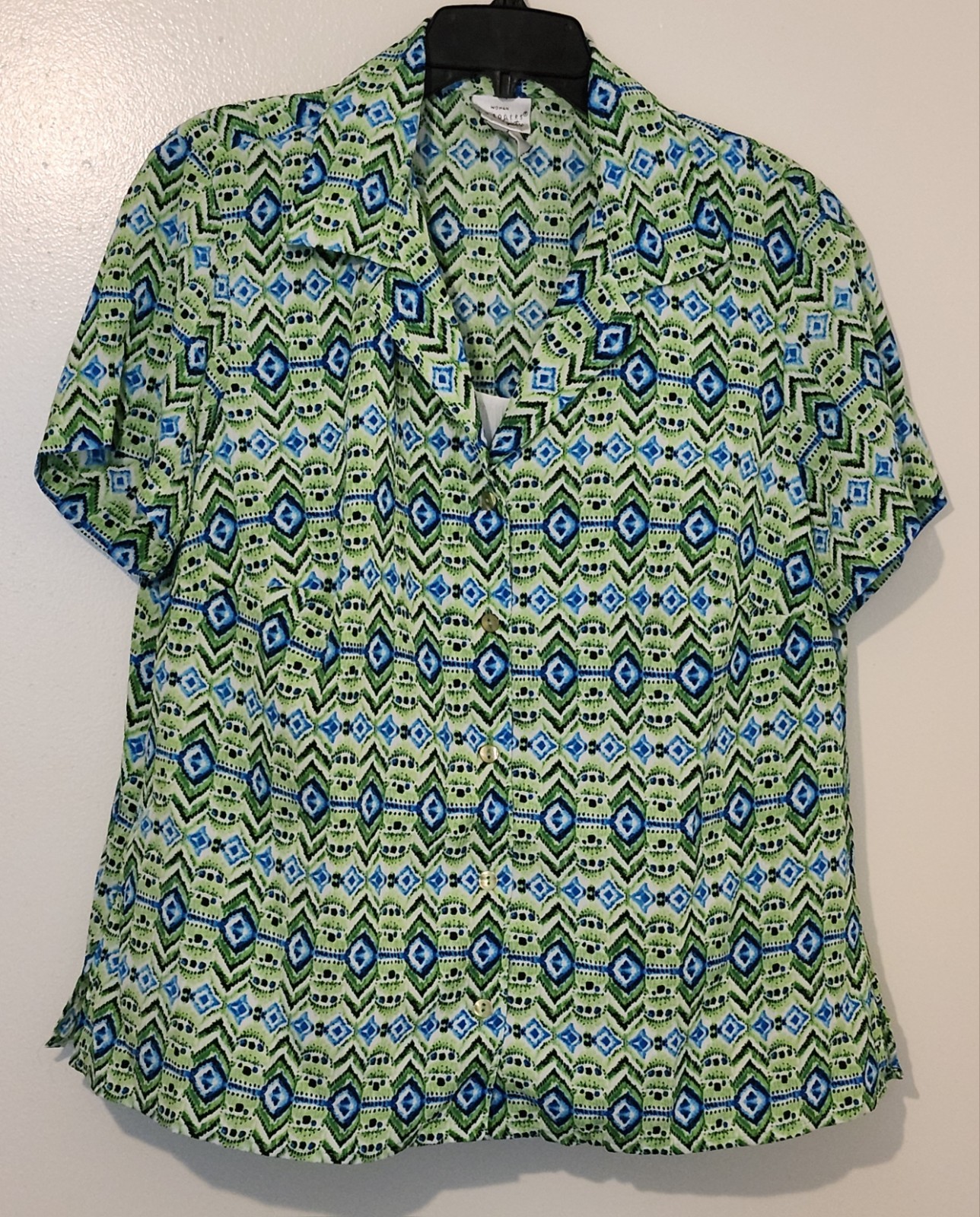 Kim Rogers Signature Blouse Size 1X Green And Blue Button Up Front Short Sleeve