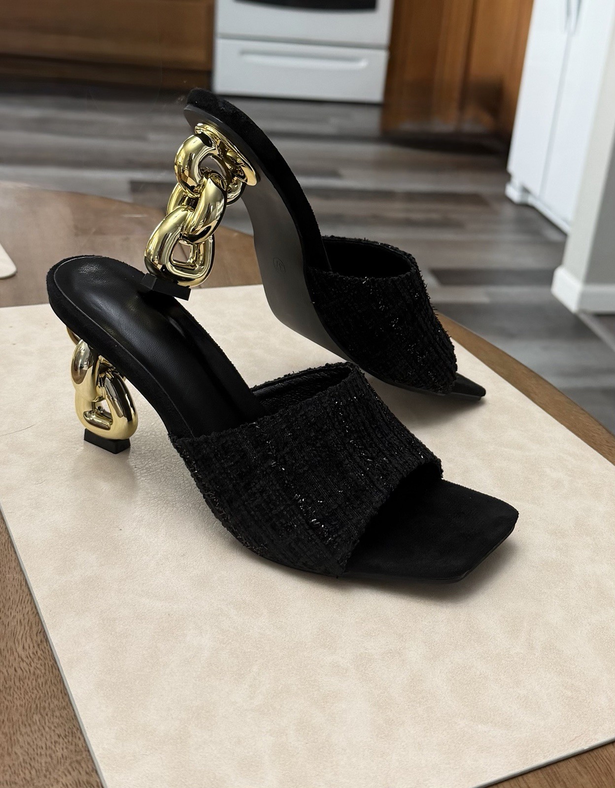 Women’s Black Slide Mule Sandals Gold Chain Accent Synthetic Upper EU 37