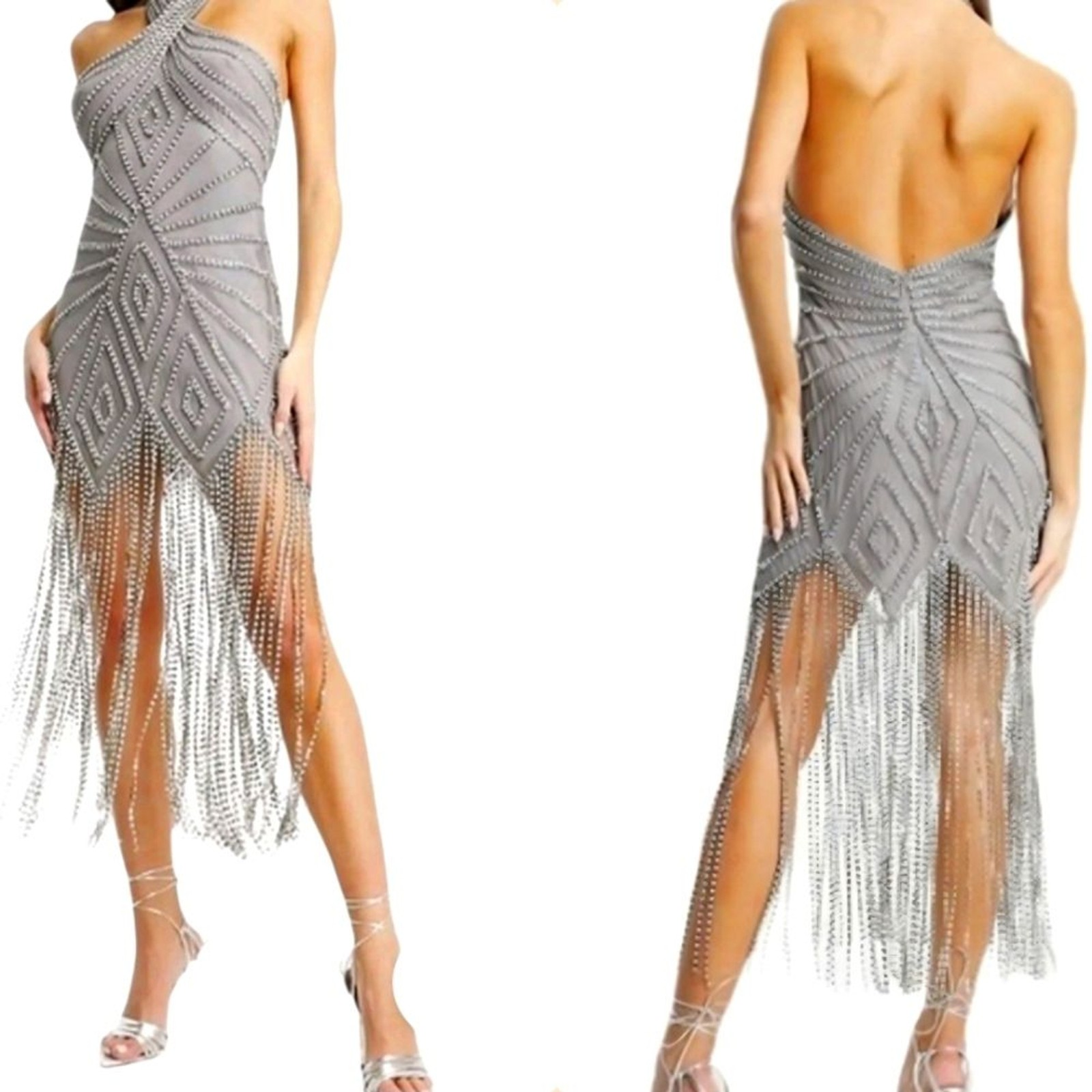 ASOS Design Size 14 Great Gatsby Silver Rhinestone Halterneck Fringed Gown NWT