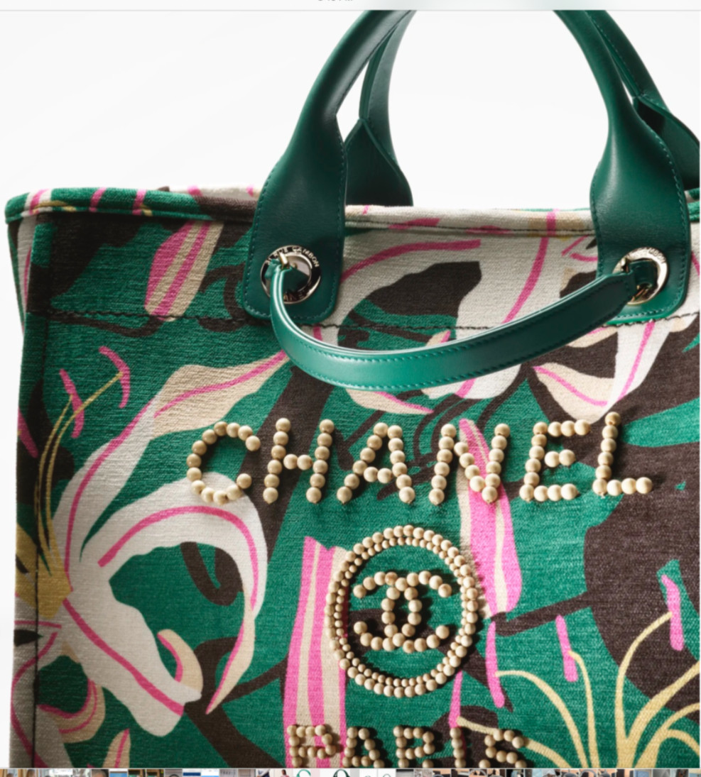 New 23A CHANEL LARGE Shopping Deauville Tote Pink Lilly Green Black + Pouch Bag