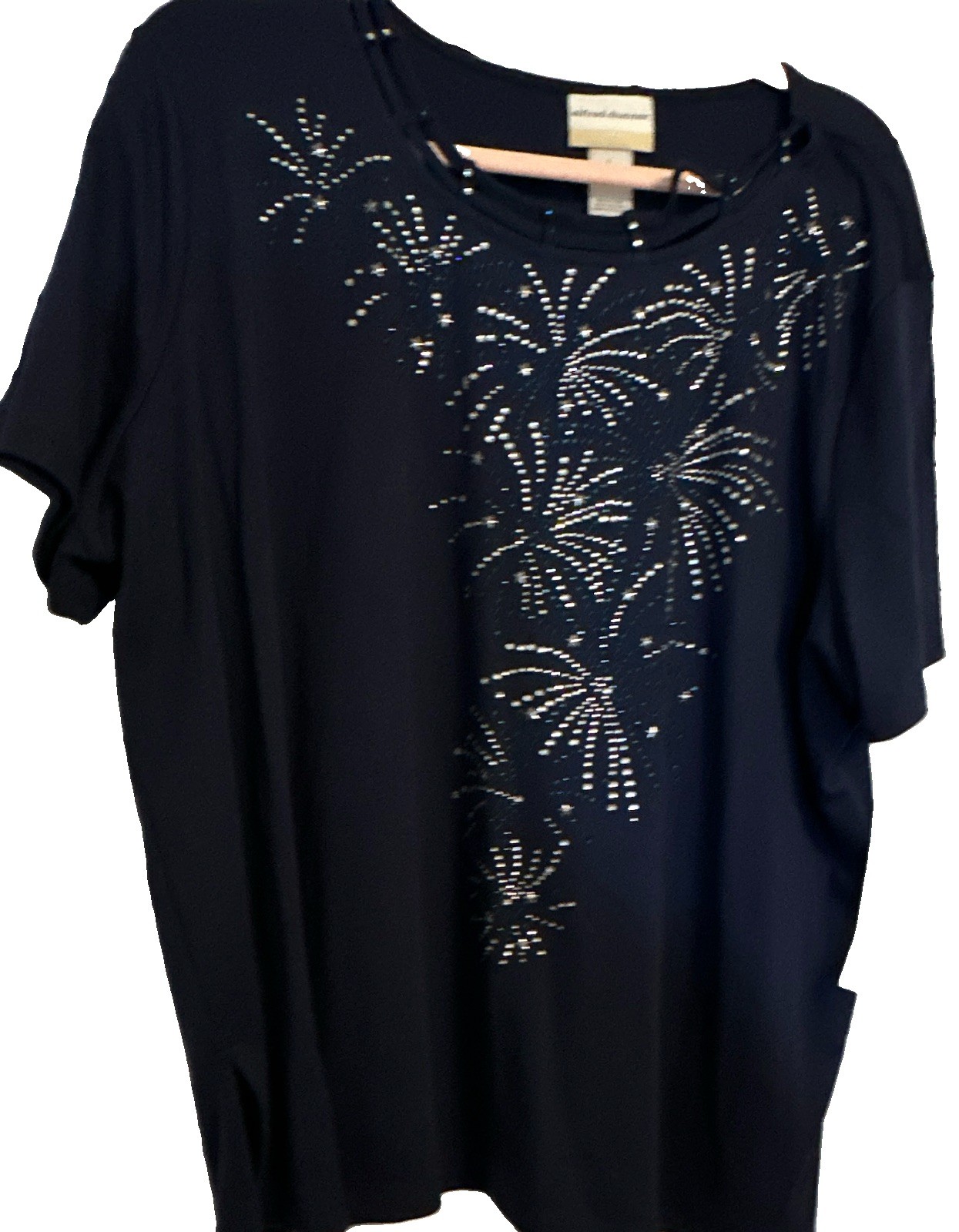 Alfred Dunner 3X Navy Fireworks Rhinestone Knit T-Shirt Round Neck Sh Sleeve NWT