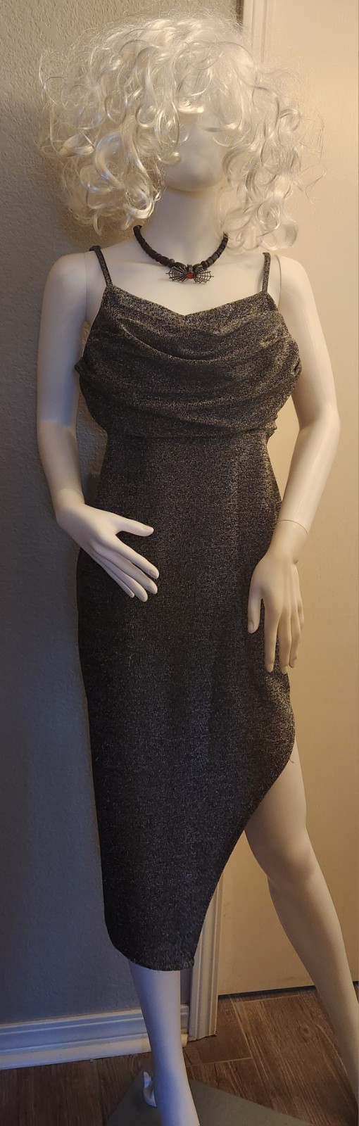 Madden NYC Black Silver Glitter Cowl Neck Strappy Bodycon Midi Dress, XL