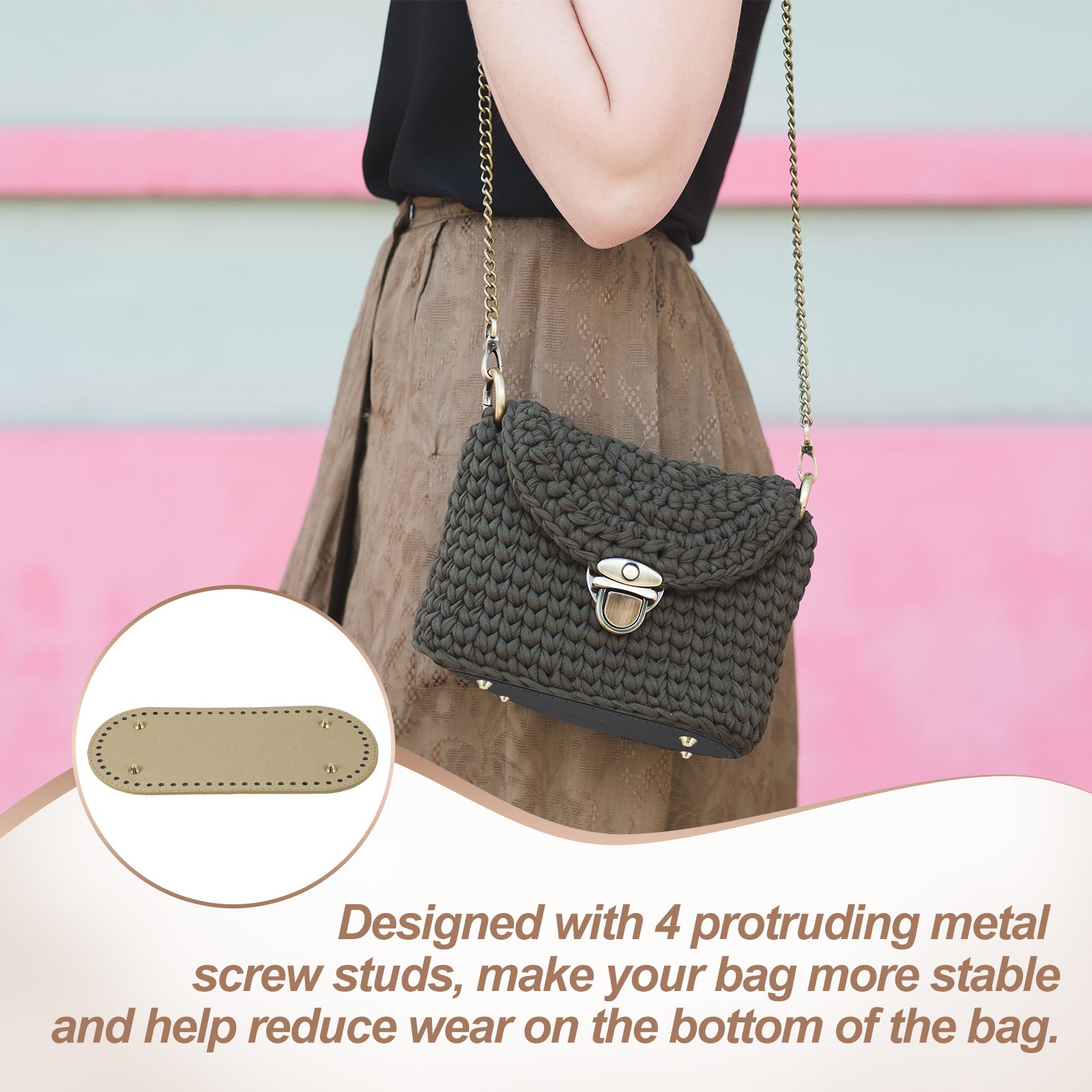 Oval PU Leather Bag Bottom Shaper with Holes & Nails 9.8×4.7 Inch Gold