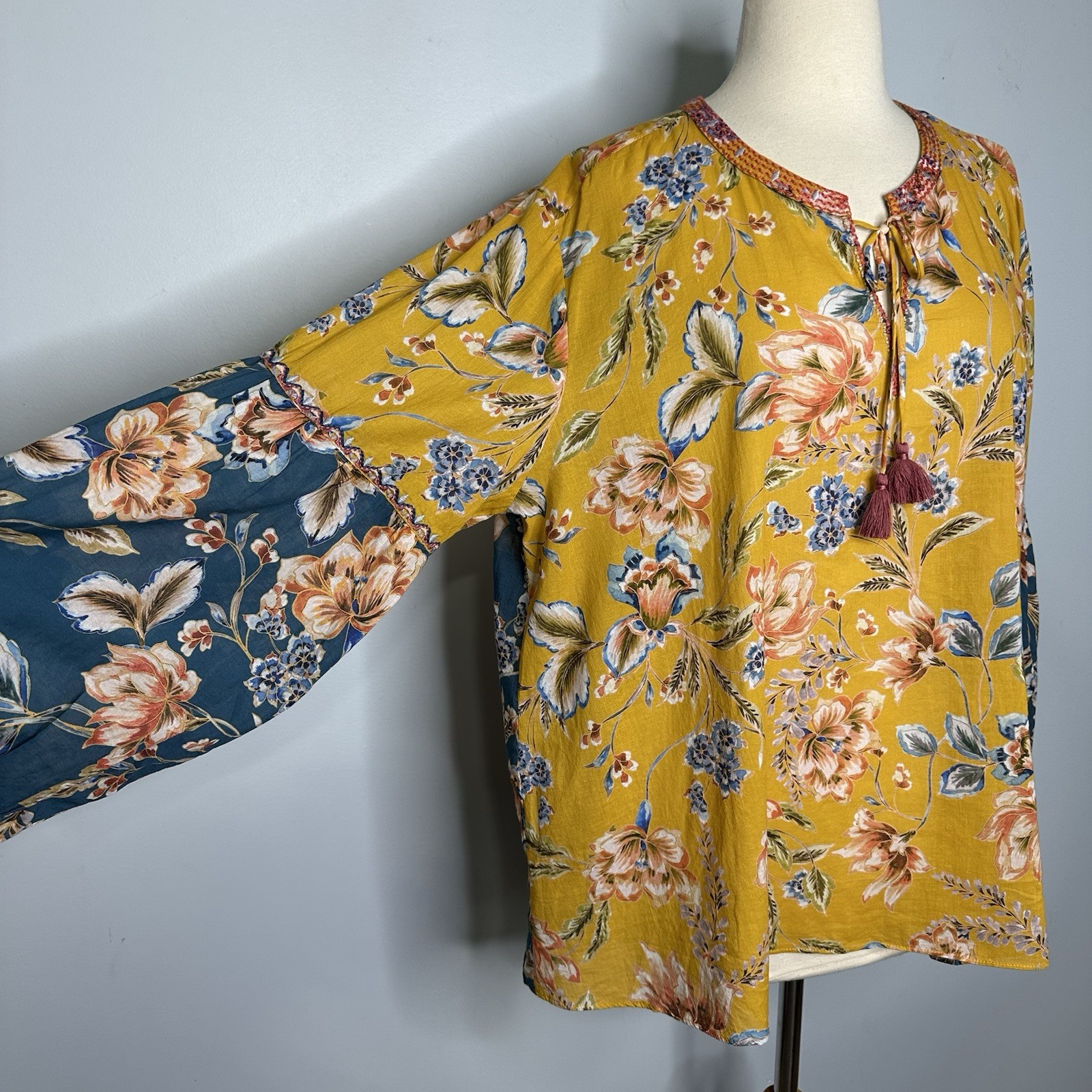 Johnny Was Effortless Peasant Blouse 100% Cotton Mustard Floral Multi Top L/XL