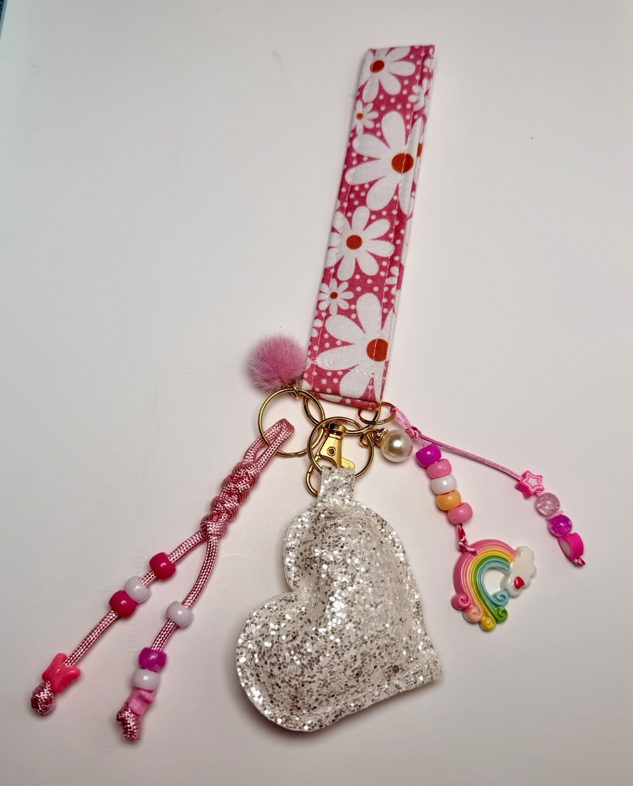 Pink & White Floral Wristlet Key Chain Beaded Pom Pom Heart Rainbow Charm