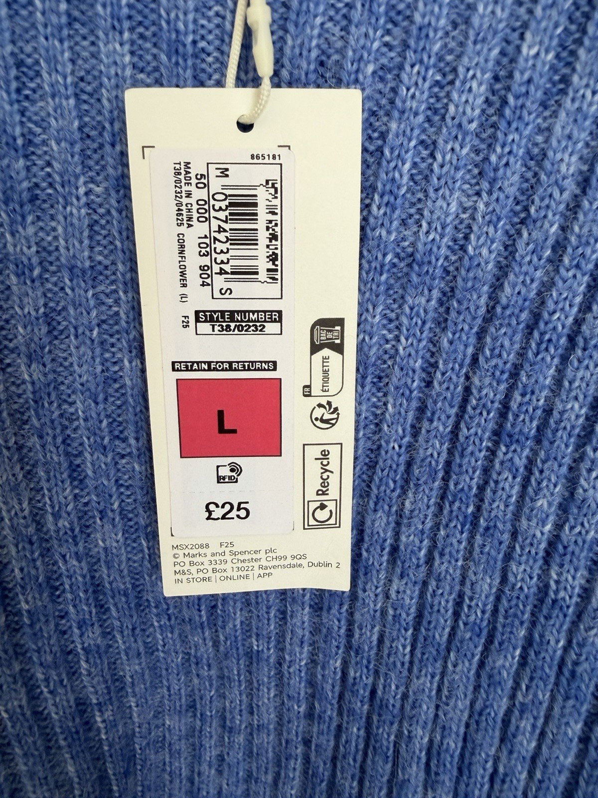 Marks & Spencer Cable, Rib, Boat Neck Jumper In Cornflower Blue Size L, BNWT