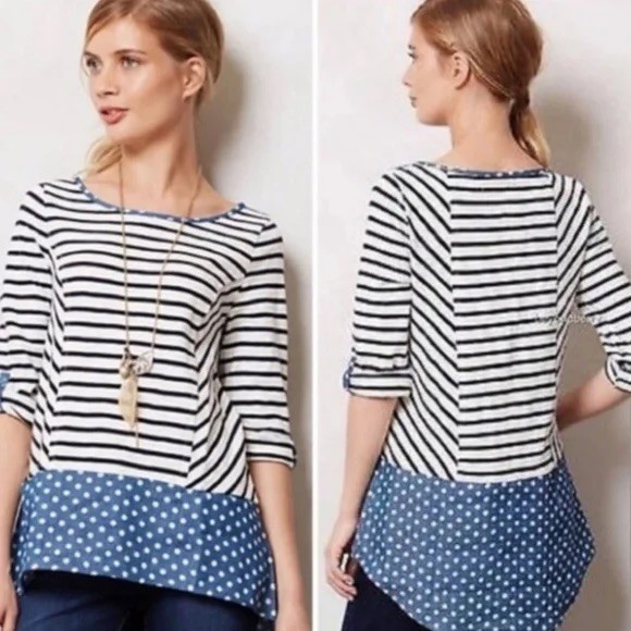 Anthropologie Postmark Blue & White Striped and Polka Dot Long Sleeve Size Small