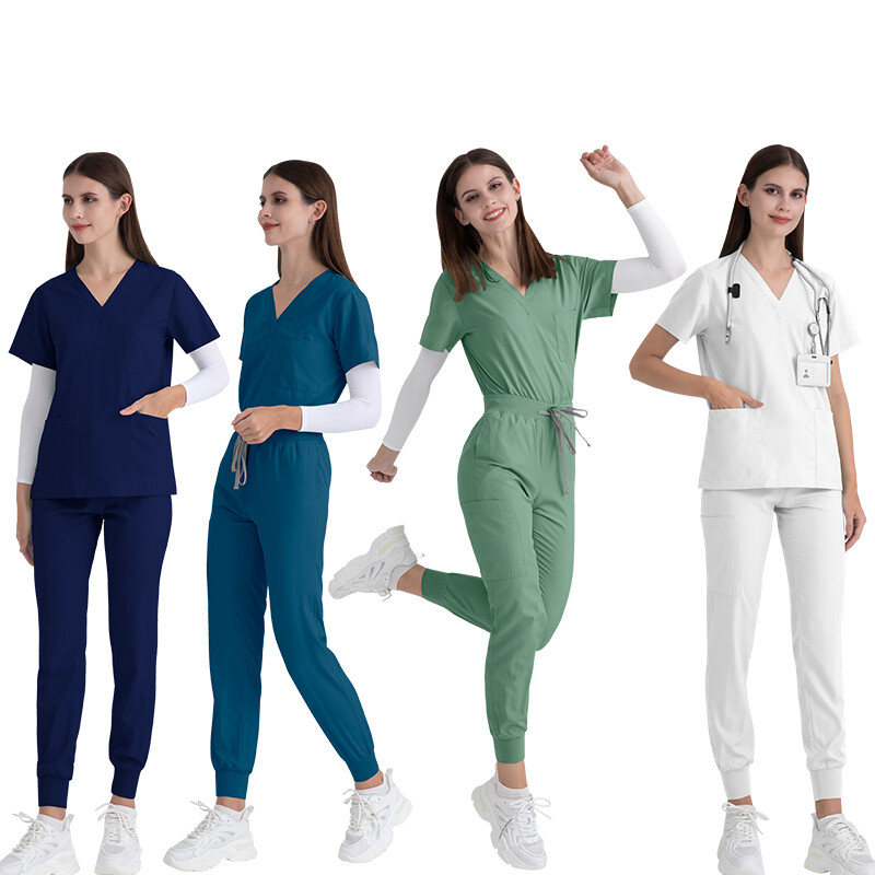 Stretch Medical Nurse Uniform Jogger Scrub Set Women V-Neck Short Sleeve Pants