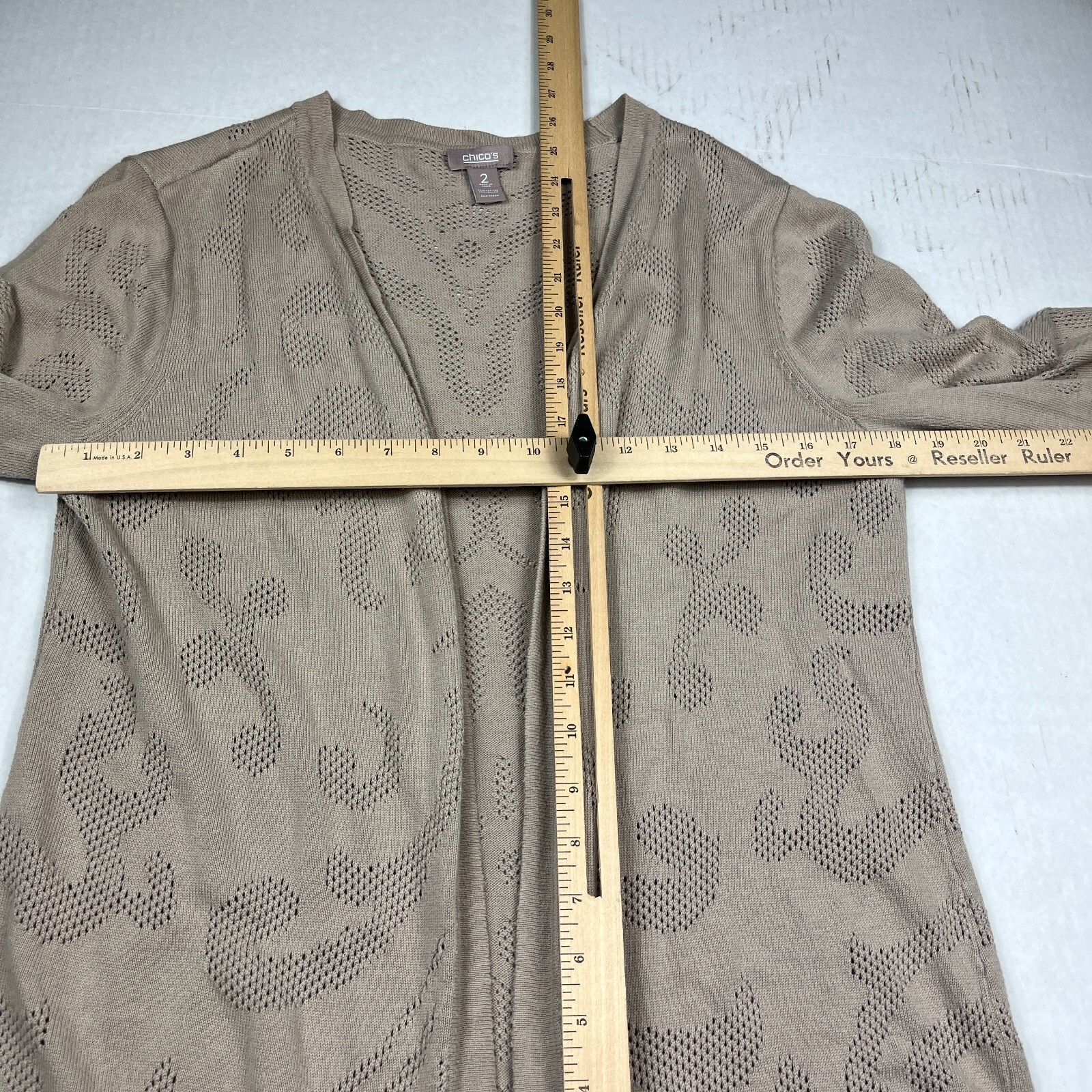 Chicos Longline Open Front Cardigan Tan Tonal Jacquard Layering Knit Sweater 2 L