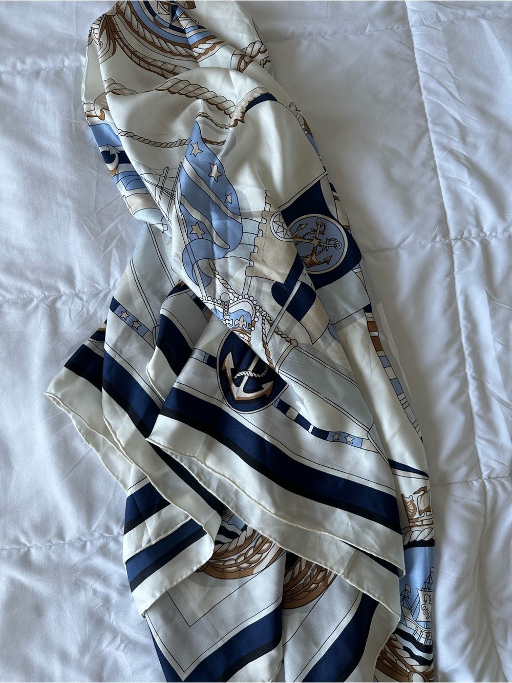 100% Silk Scarf Nautical Chain Print in Navy Light Blue Made in France