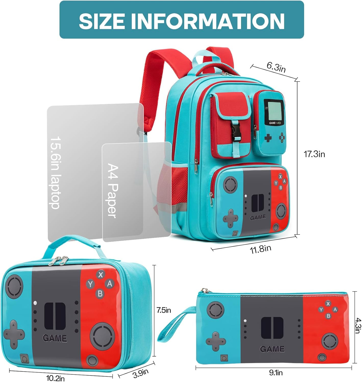 3Pcs Gamer Boys Backpack Sets,17.3″School Backpack for Boys Kids with Lunch Bag