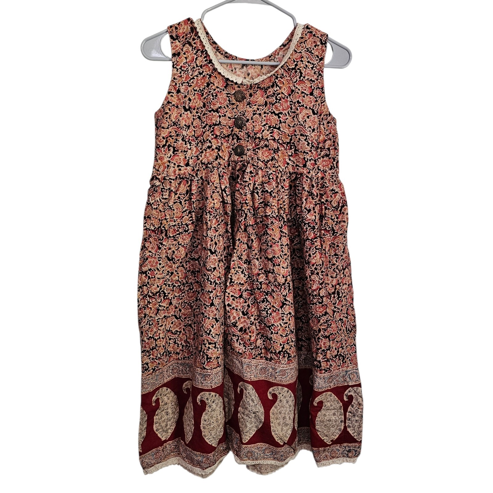 Vintage Paisley Floral Midi Dress Sleeveless Boho Lace Trim Multicolor Pattern