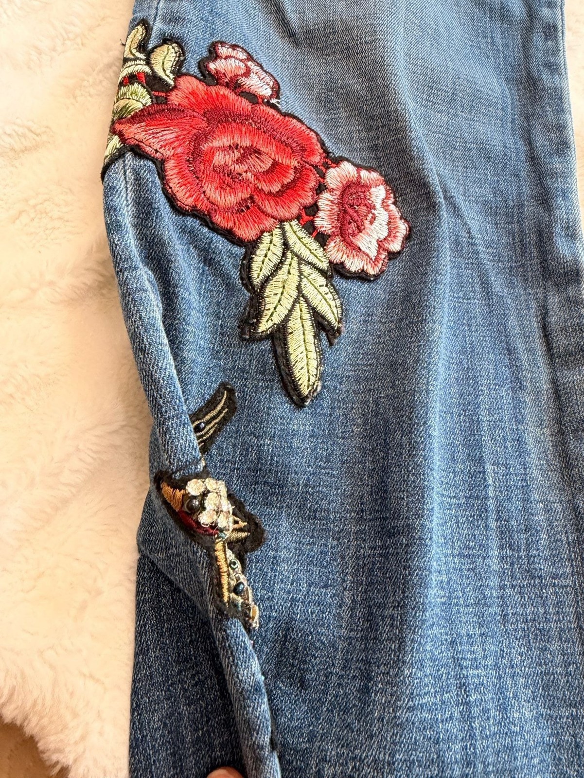 Laurie Felt Classic Embellished Boyfriend Jeans with Floral and Bird Embroidery