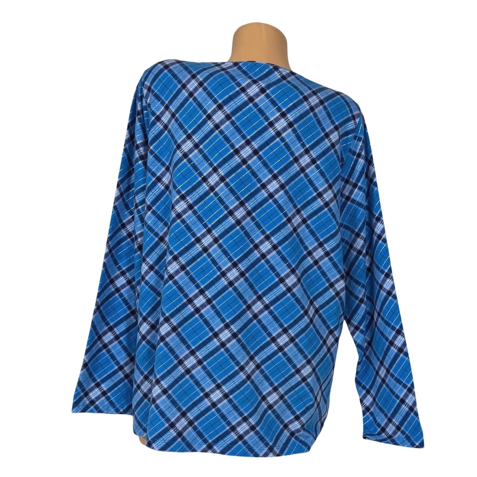 Talbots Blue Plaid Metallic Long Sleeve Tee Shirt Womens Plus 2X Cotton Stretch