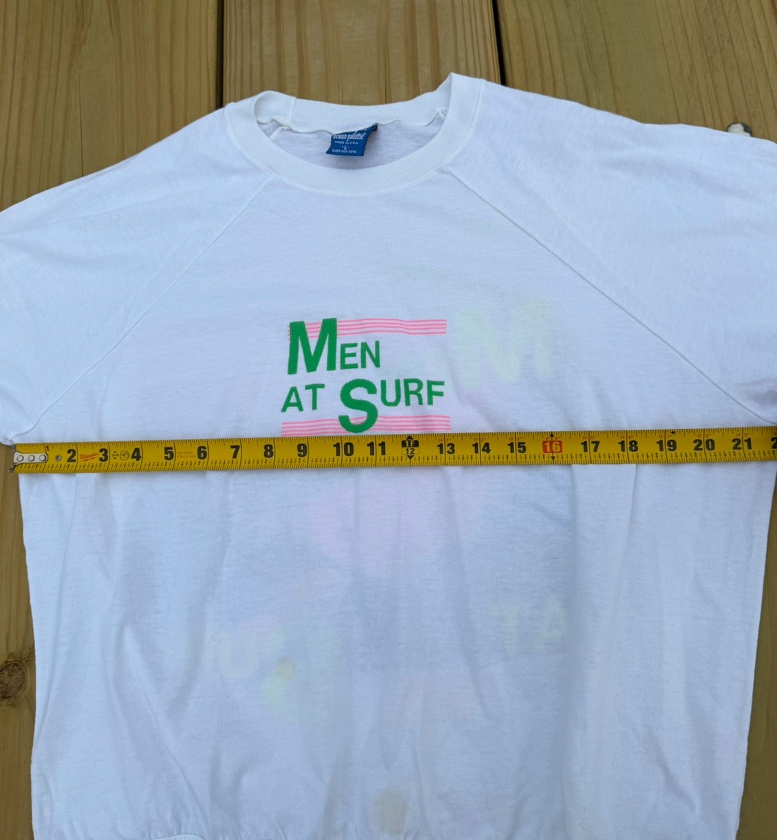 Vintage 80s Ocean Pacific “Men at Surf” neon surfing graphic banded L retro Cali