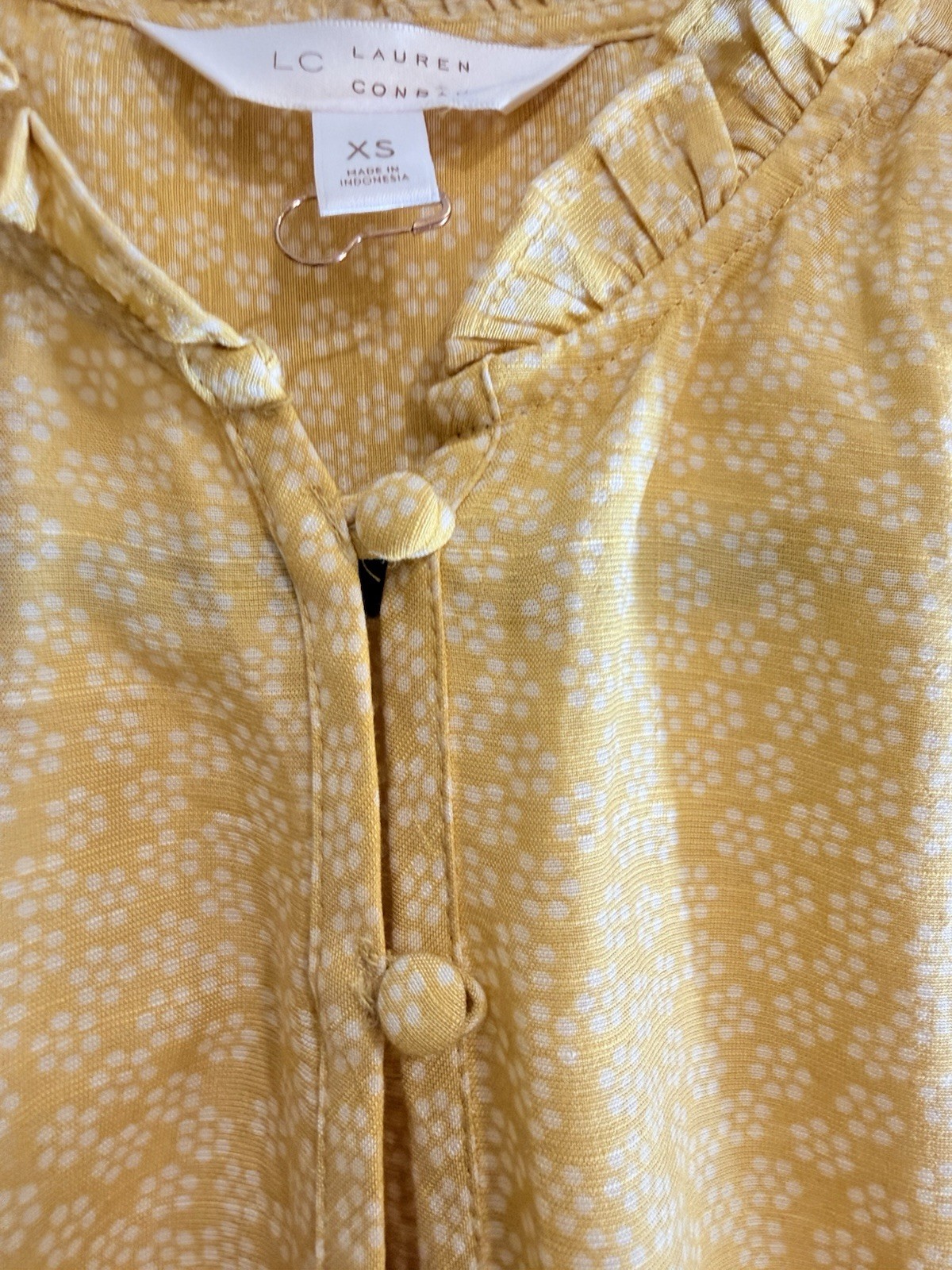 LC Lauren Conrad Blouse Yellow/White Ruffle Neck Puff 3/4 XS