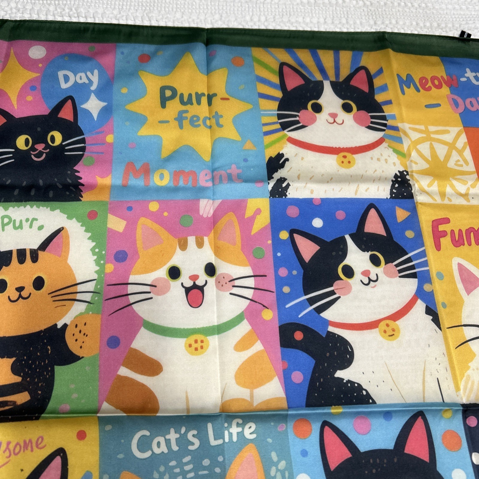 Colorful Cats Funky Fun 26” Square Scarf Floaty Green Border New Breeds Kitties