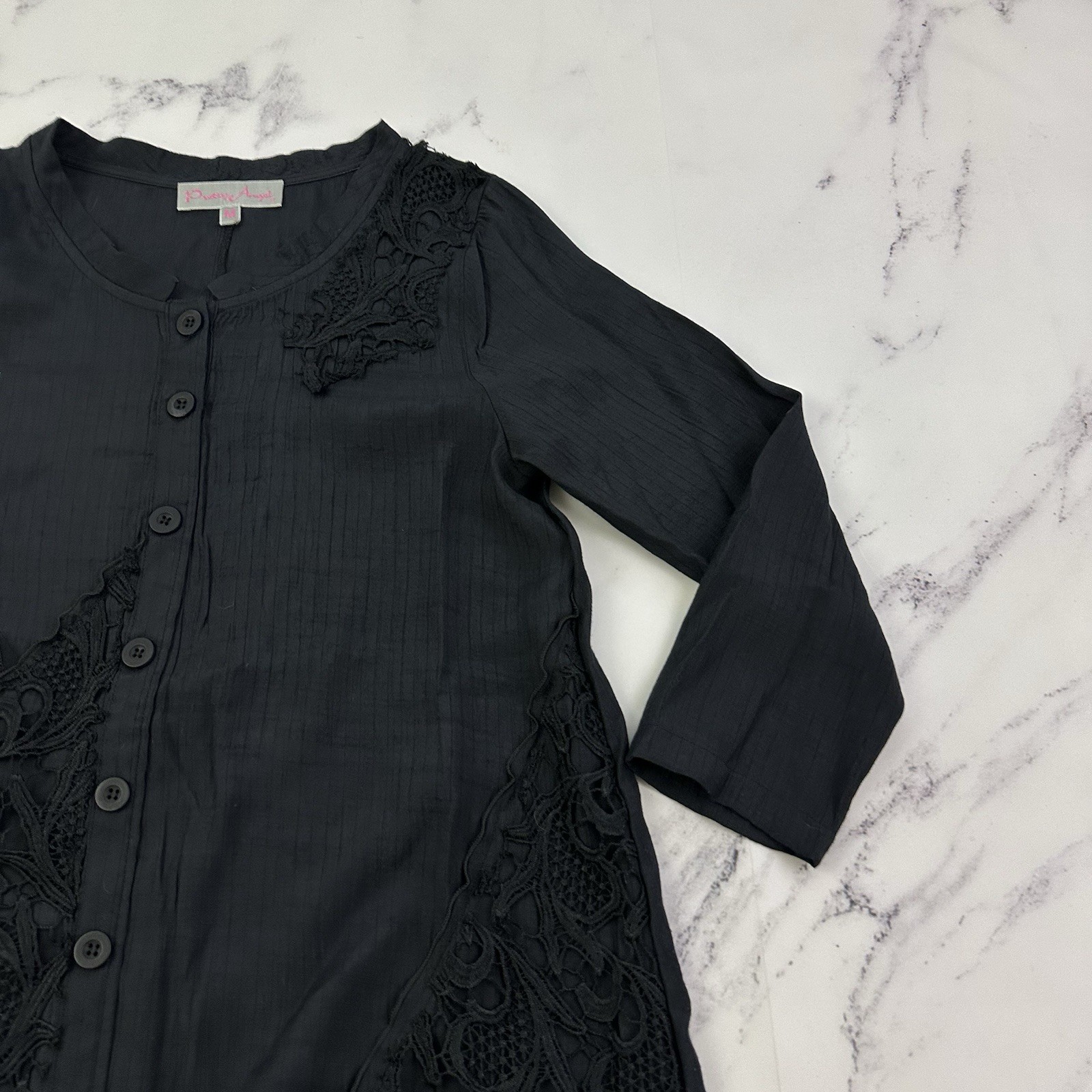 Pretty Angel Womens Tunic Top Size M Black Lace Trim Button Front 3/4 Sleeve