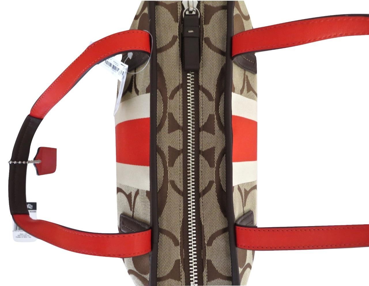 New NWT Coach Hamptons Khaki Vermillion Signature Stripe Tote Purse 19999 RARE