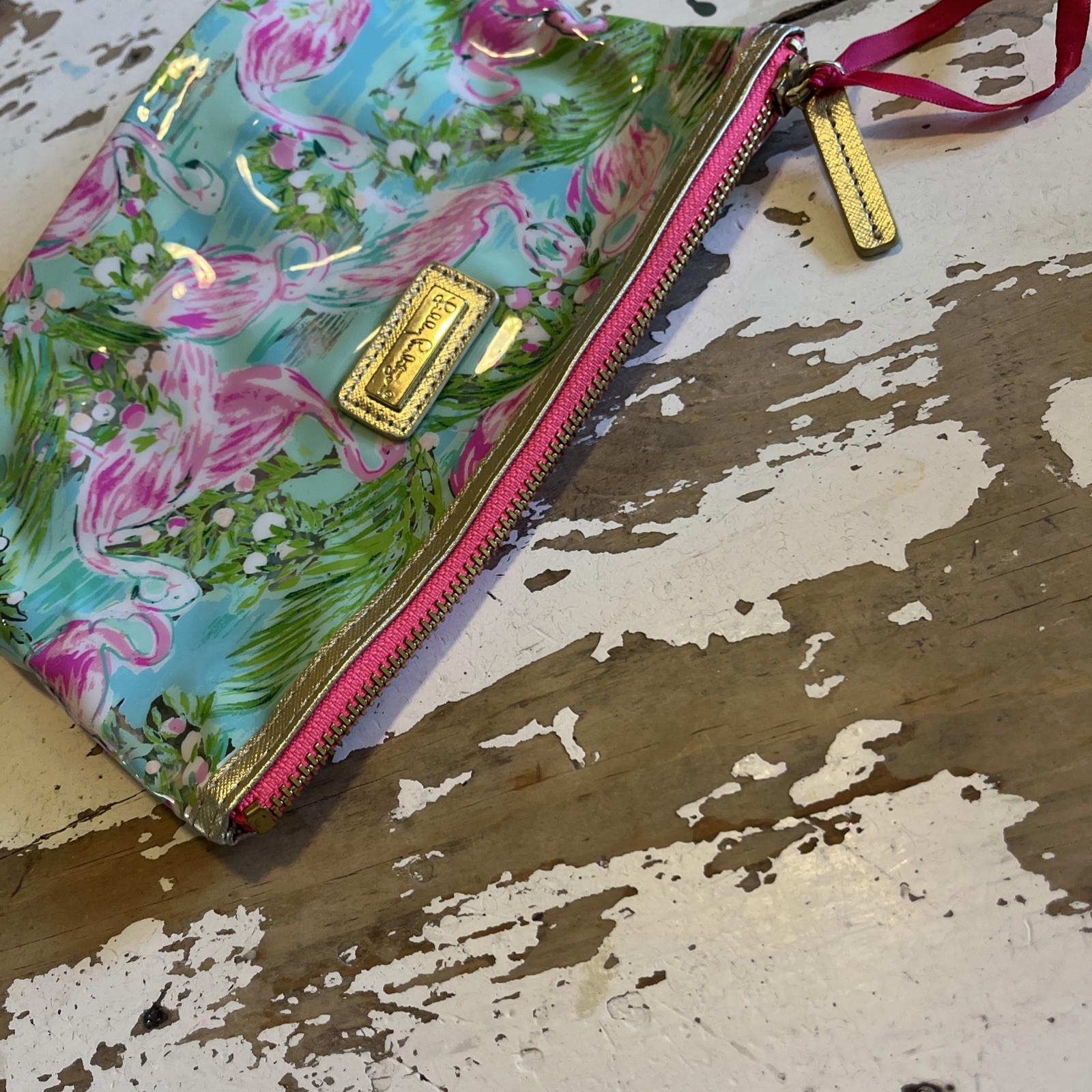 Lilly Pulitzer Pink Flamingo Vinyl Pouch bag zip Pencil Case makeup 8.75”x6”