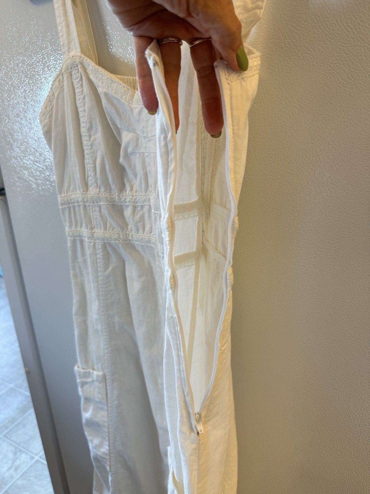 Fransa White Linen Cotton Blend Smocked Jumper Dress European Sz 38 Boho Prairie