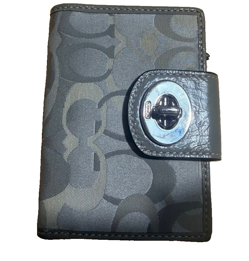 Coach Gray Signature Canvas Turnlock Wallet Checkbook Organizer Zip Coin Pocket