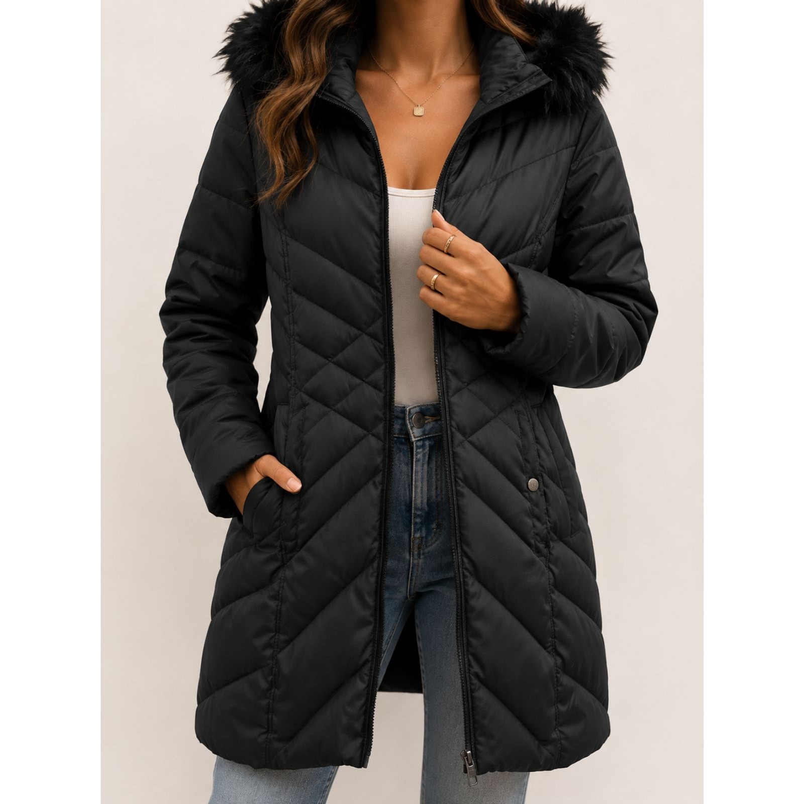Kenneth Cole Reaction Black Down Puffer Coat Faux Fur Hood Medium M