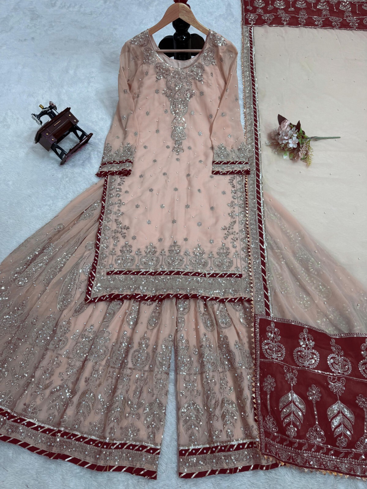 Fully Readymade Women Kurta Sharara Designer Dupatta Set Pakistani Salwar Kameez