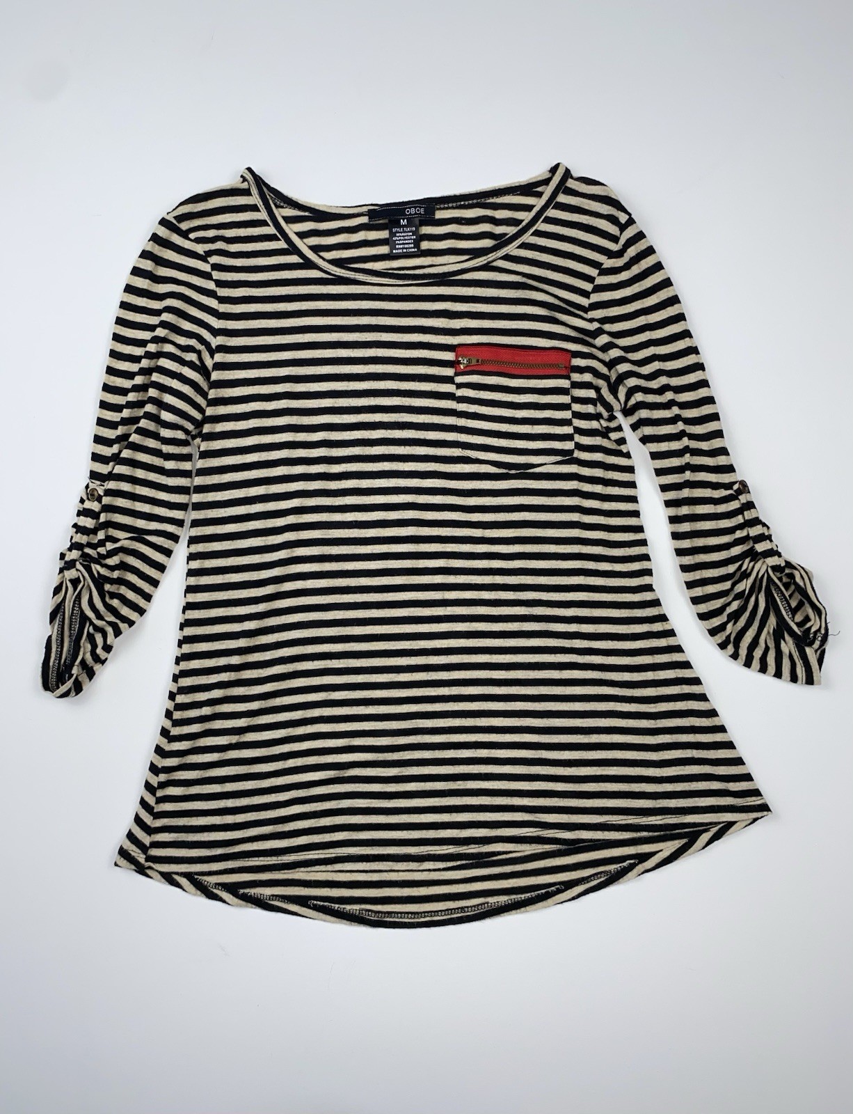 OBOE Women’s M Black Beige Striped Scoop Neck Distressed Top Red Zip Pocket