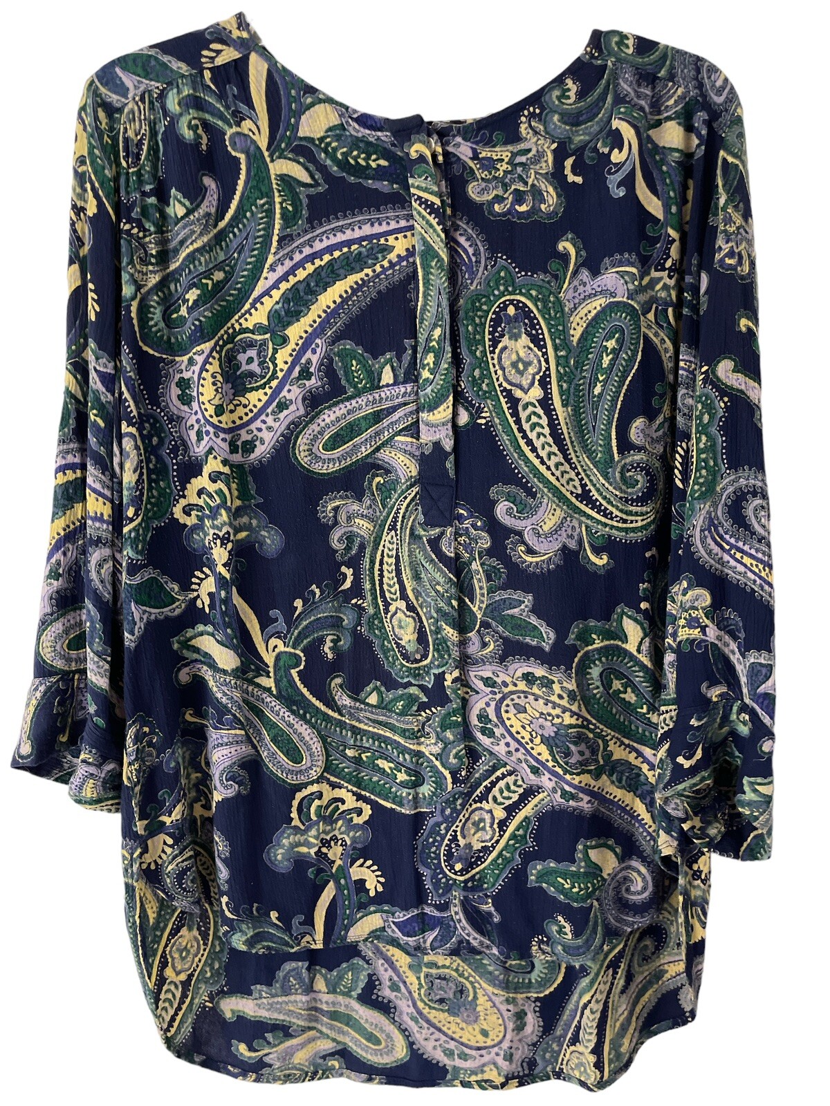 Nine West Jeans Top Womens Medium Blue Paisley Roll Tab Sleeve Hi Low Hem Tunic