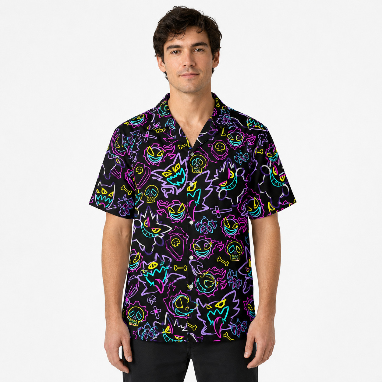 Neon Ghost Halloween Hawaiian Shirt, Skull Coffin Spooky Goth Button Down Party